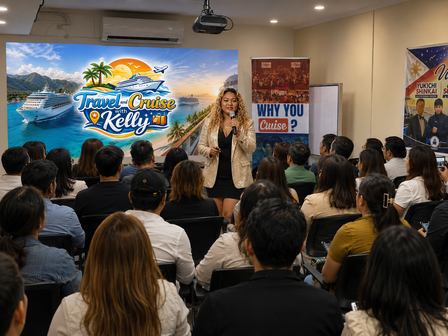 Kelly speaking at a Travel and Cruise with Kelly seminar
